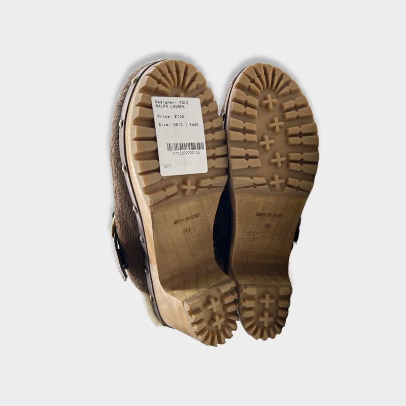 RALPH LAUREN brown shearling clogs