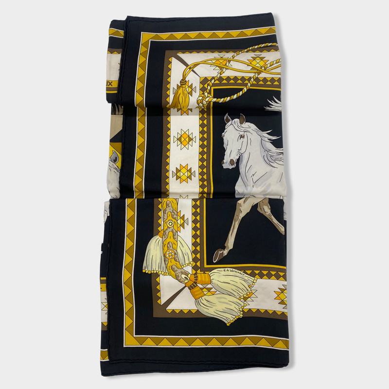 HERMÈS horse print black and gold silk scarf