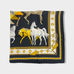 HERMÈS horse print black and gold silk scarf