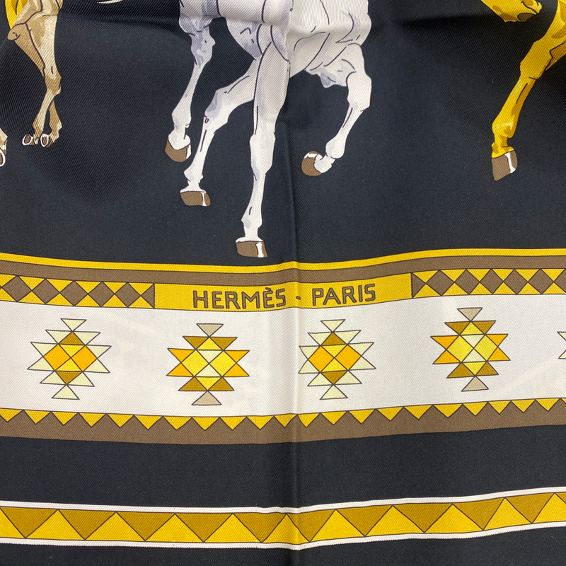 HERMÈS horse print black and gold silk scarf