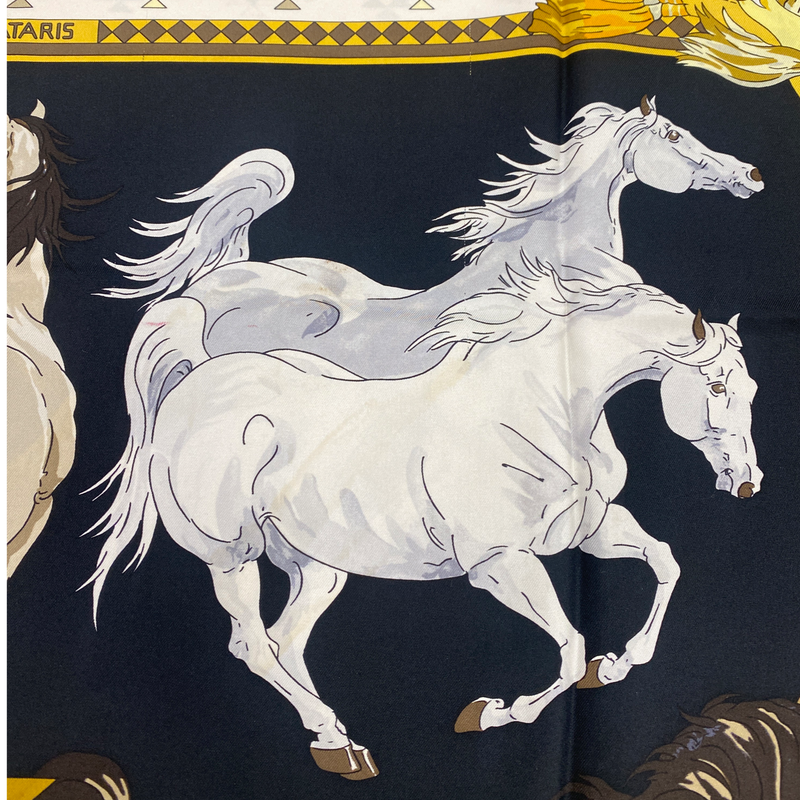 HERMÈS horse print black and gold silk scarf