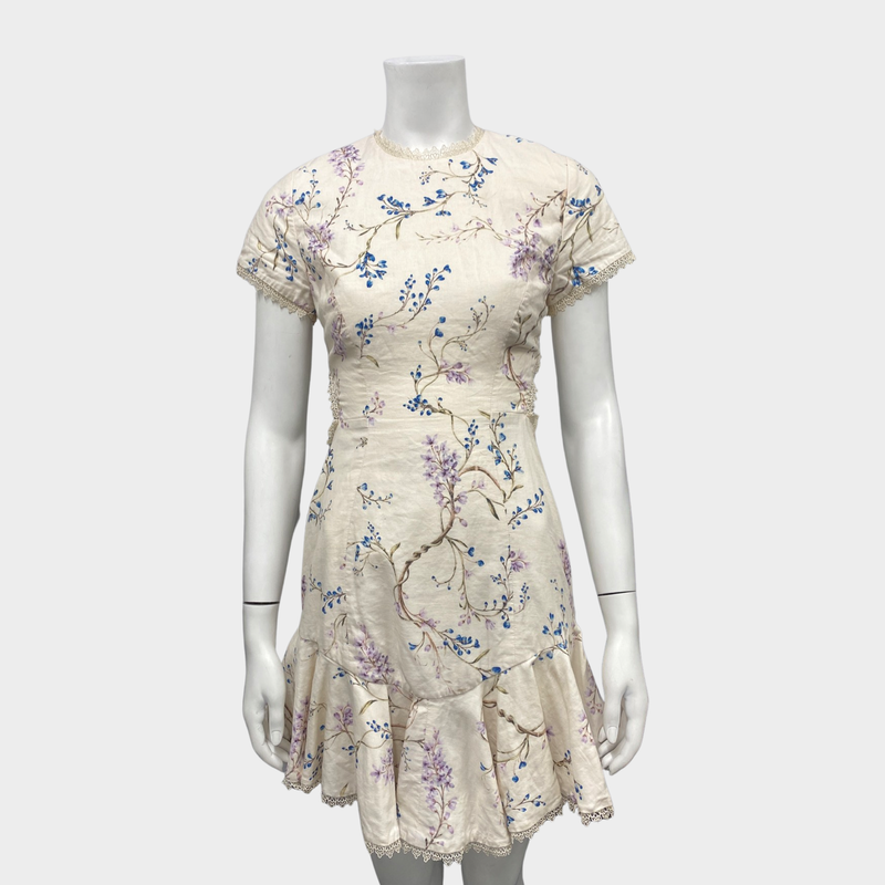 ZIMMERMANN ecru floral print linen and cotton mini dress