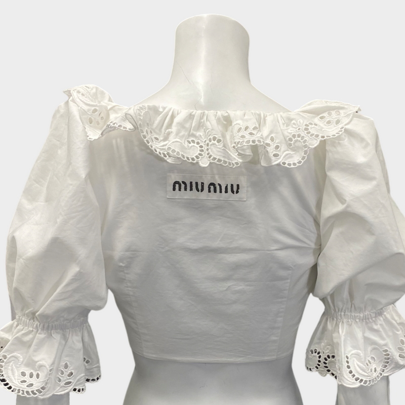 Miu Miu Women's White Cotton Embroidery Detail Cropped Blouse