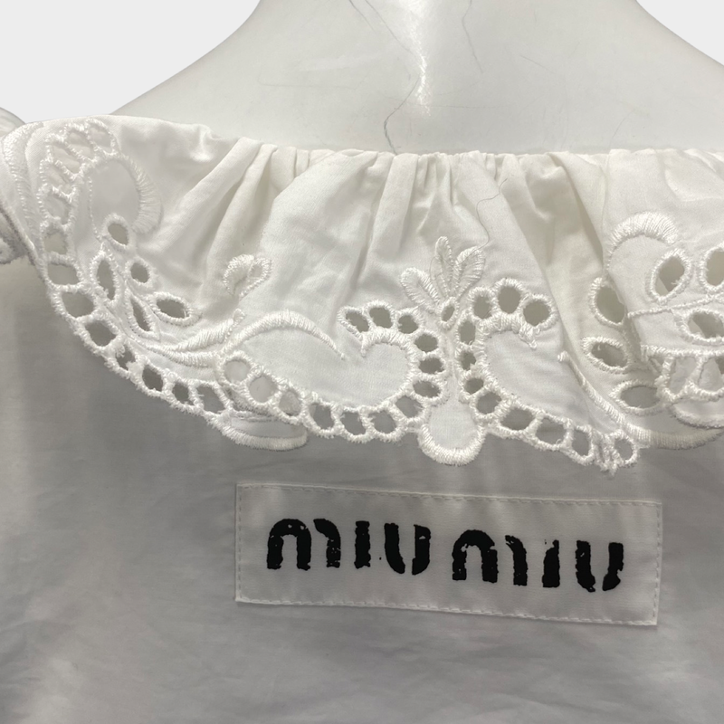 Miu Miu Women's White Cotton Embroidery Detail Cropped Blouse