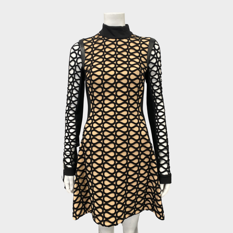 David Koma black and beige mesh leather and viscose mini dress