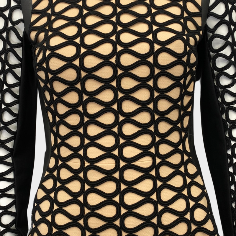 David Koma black and beige mesh leather and viscose mini dress