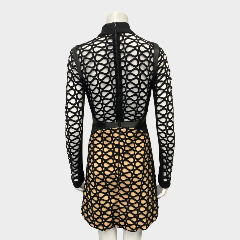 David Koma black and beige mesh leather and viscose mini dress