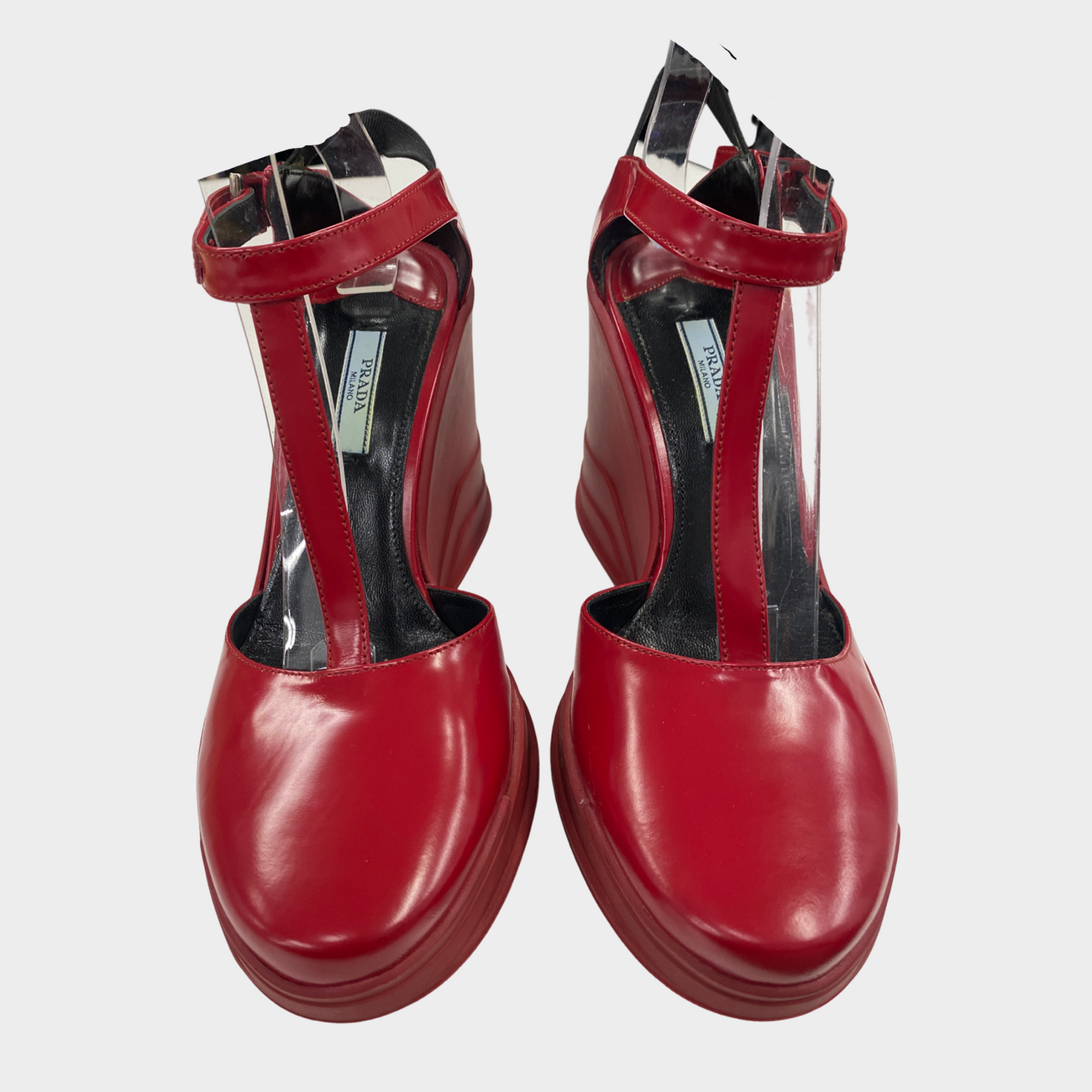 Prada red rubber and patent leather platform sandals Loop Generation