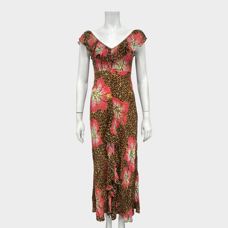 Rixo brown and fuchsia floral print silk dress