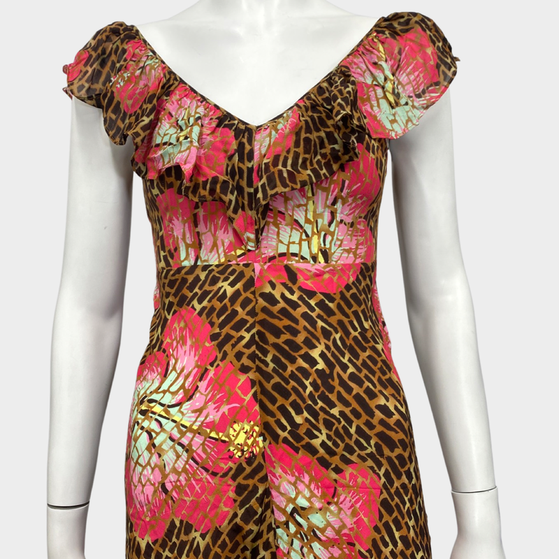 Rixo brown and fuchsia floral print silk dress