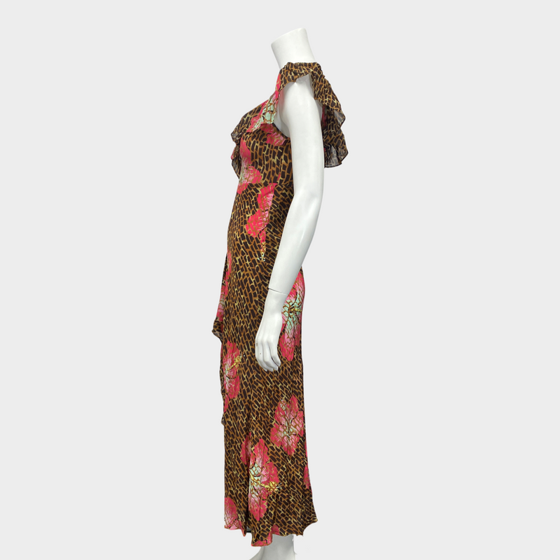 Rixo brown and fuchsia floral print silk dress