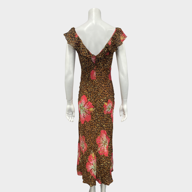 Rixo brown and fuchsia floral print silk dress