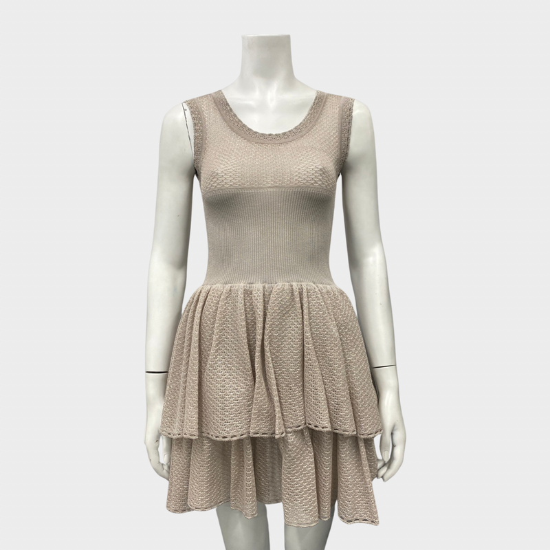 ALAÏA beige and grey silk and viscose mini dress