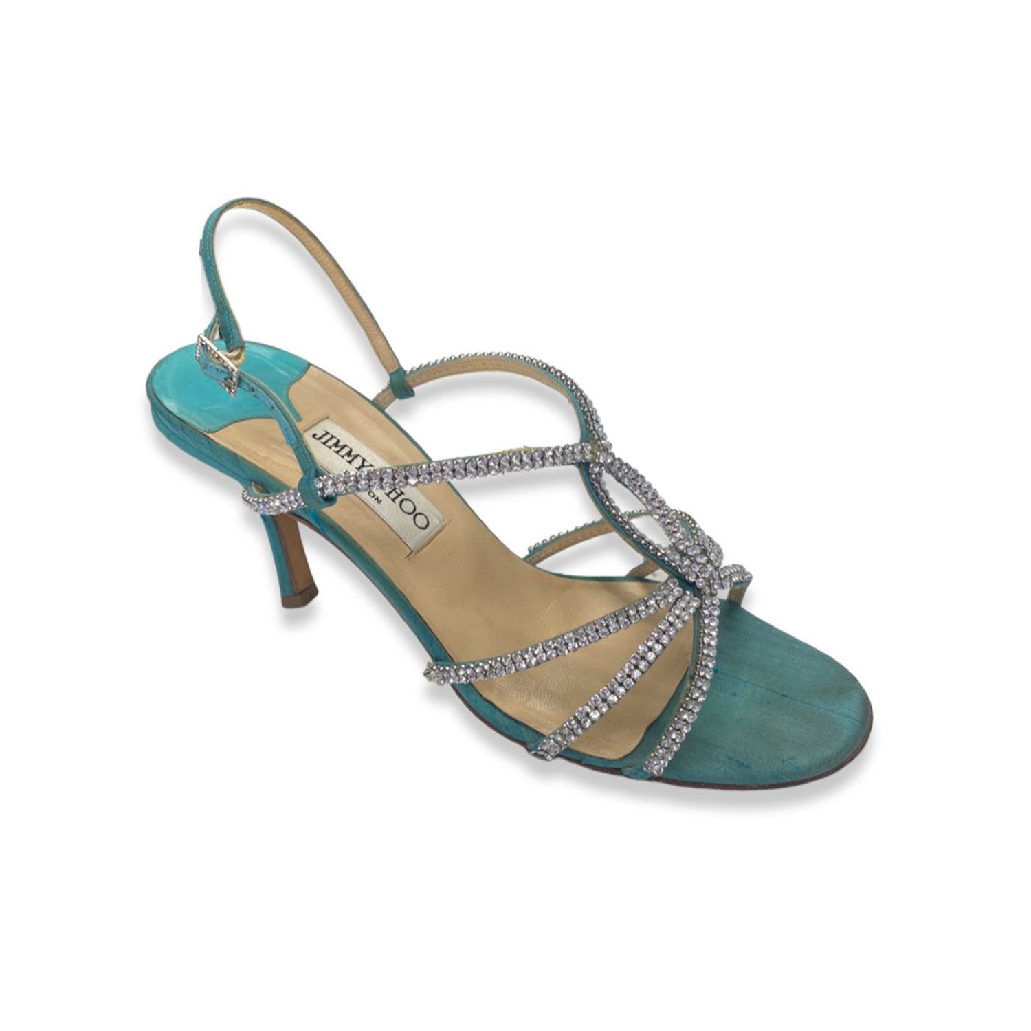 JIMMY CHOO turquoise satin sandal heels with rhinestones Loop