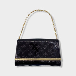 pre-owned LOUIS VUITTON purple and gold monogram patent leather bag on a chain