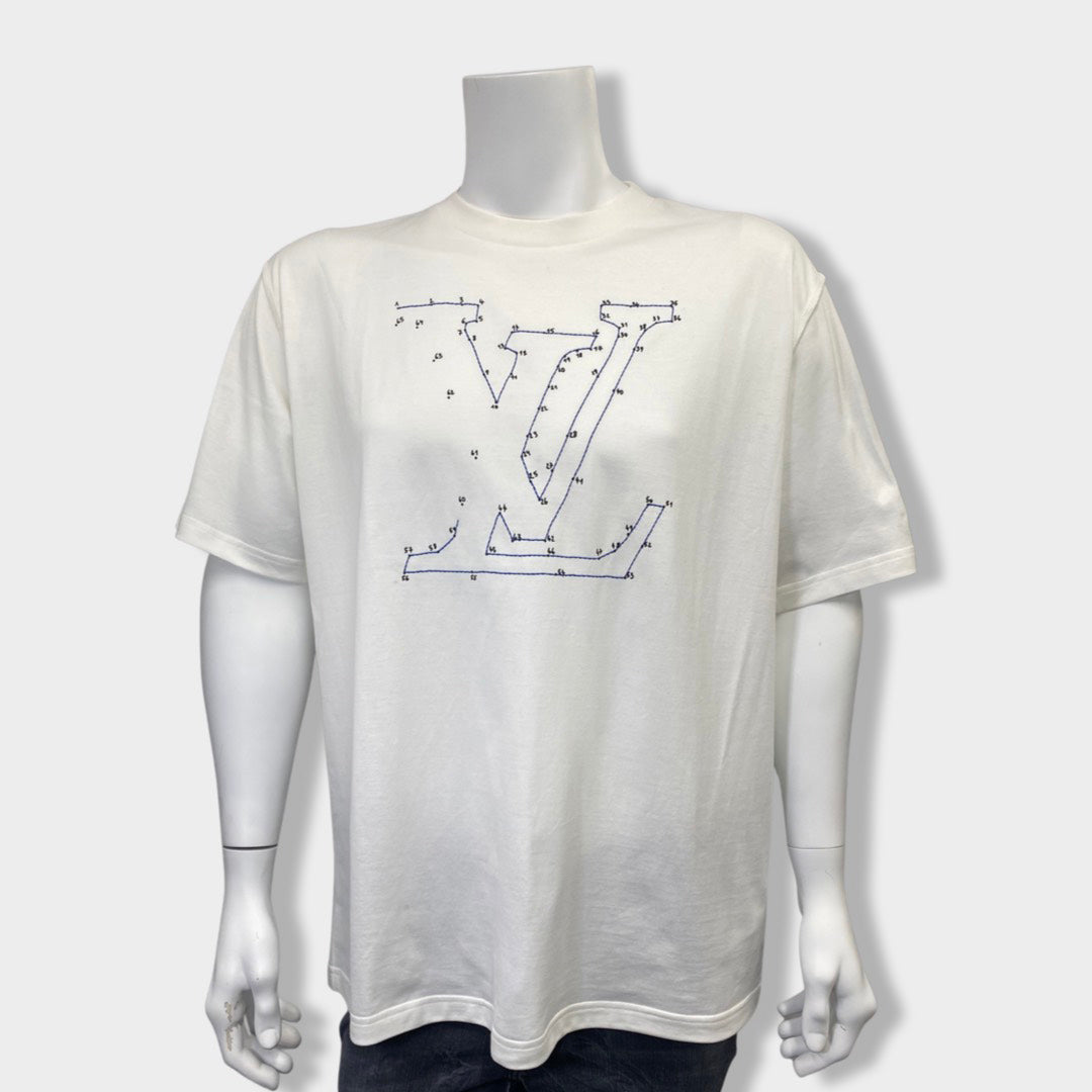 LOUIS VUITTON white and blue LV stitch print and embroided T-shirt ...