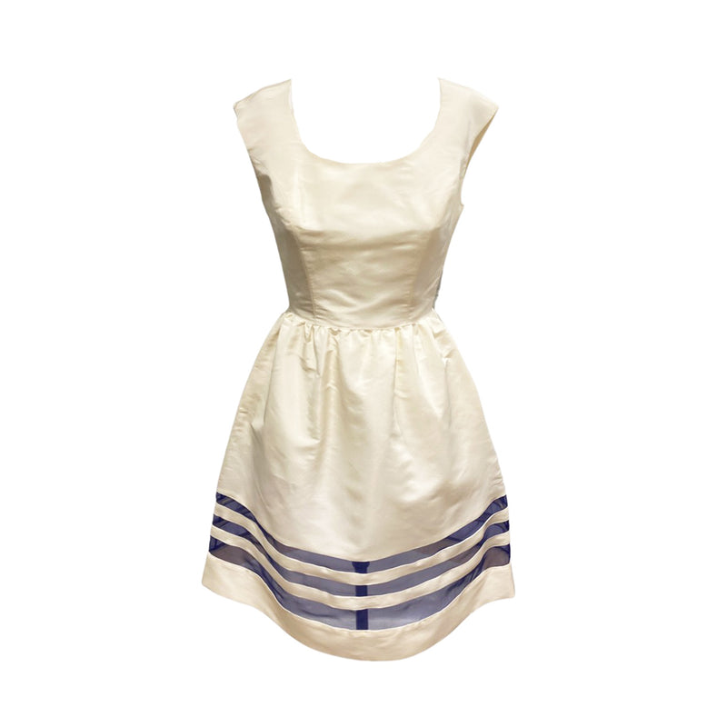 pre-owned NONOO ecru and blue striped sleeveless silk dress | Size US4