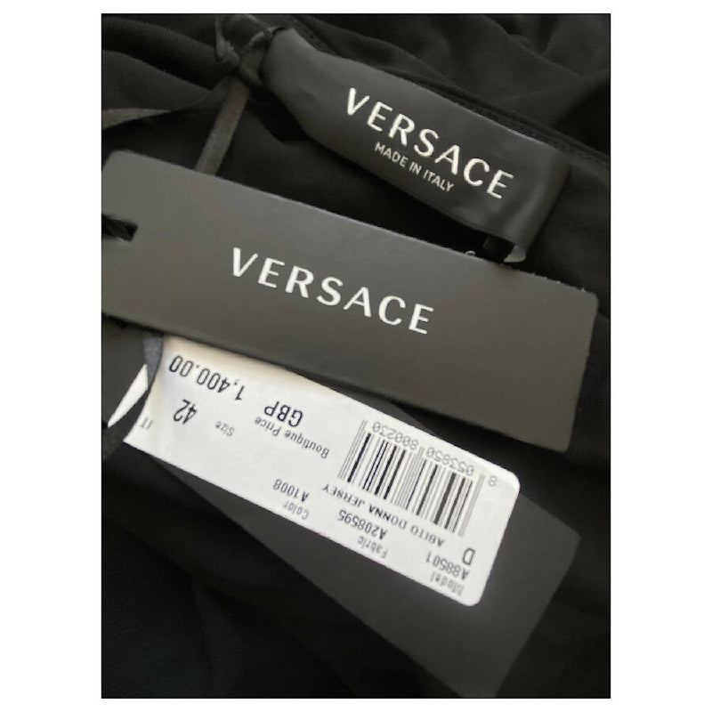 Versace women's black one shoulder flared dress gold tone hoop embellishment