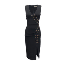 pre-owned REBECCA VALLANCE black mid-length dress with round studs | SIze UK4