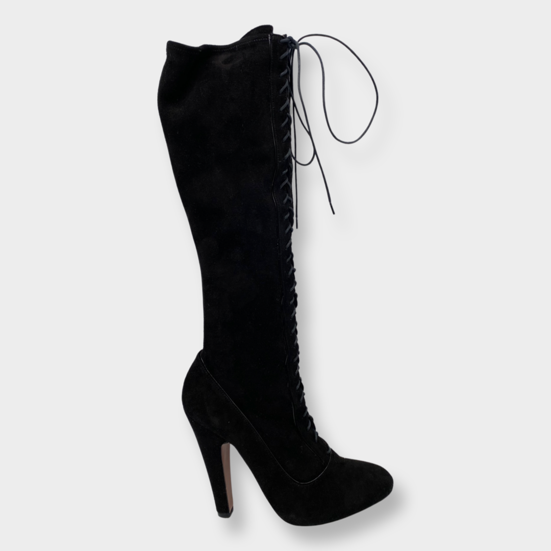 Black suede lace up knee high clearance boots