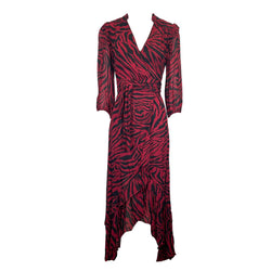 pre-owned BA&SH burgundy animal print viscose belted dress | Size 0