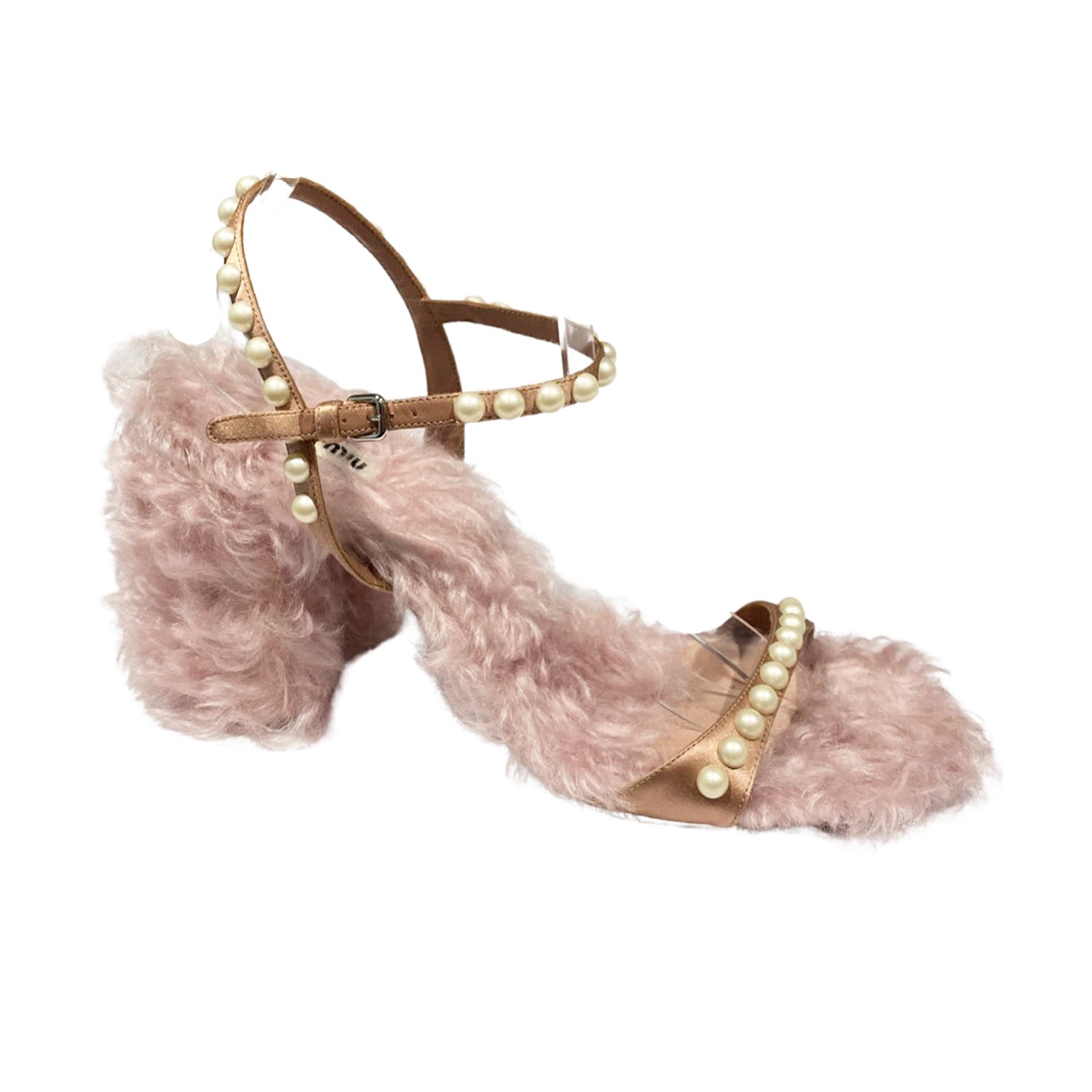 Miu Miu pink fur sandals with pearls – Loop Generation