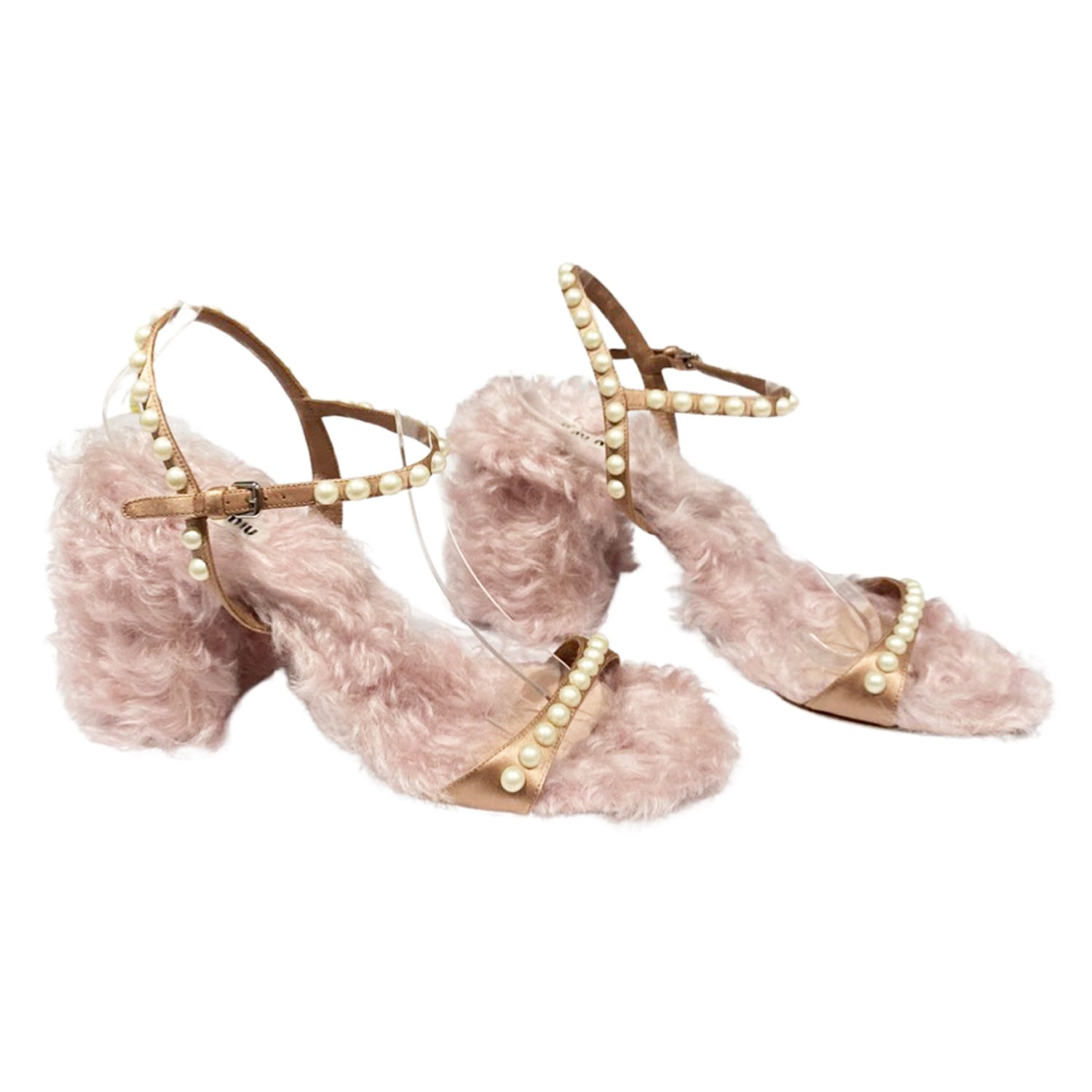 Miu Miu pink fur sandals with pearls – Loop Generation