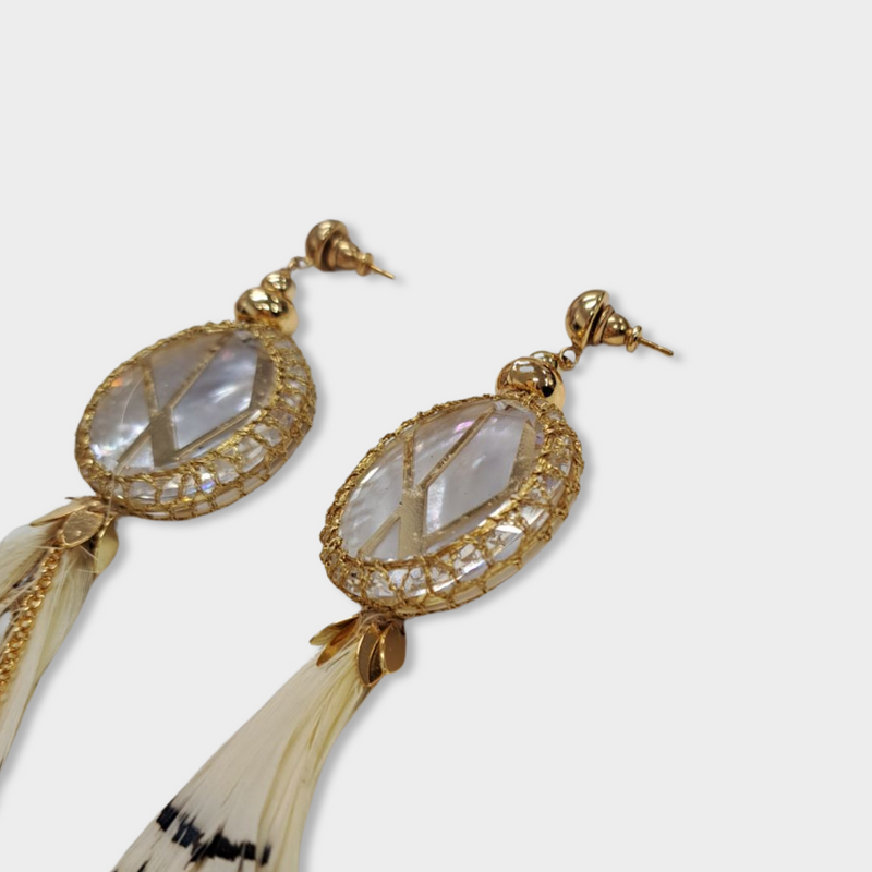 pre-loved NOCTURNE gold plated earrings with crystal and feather details